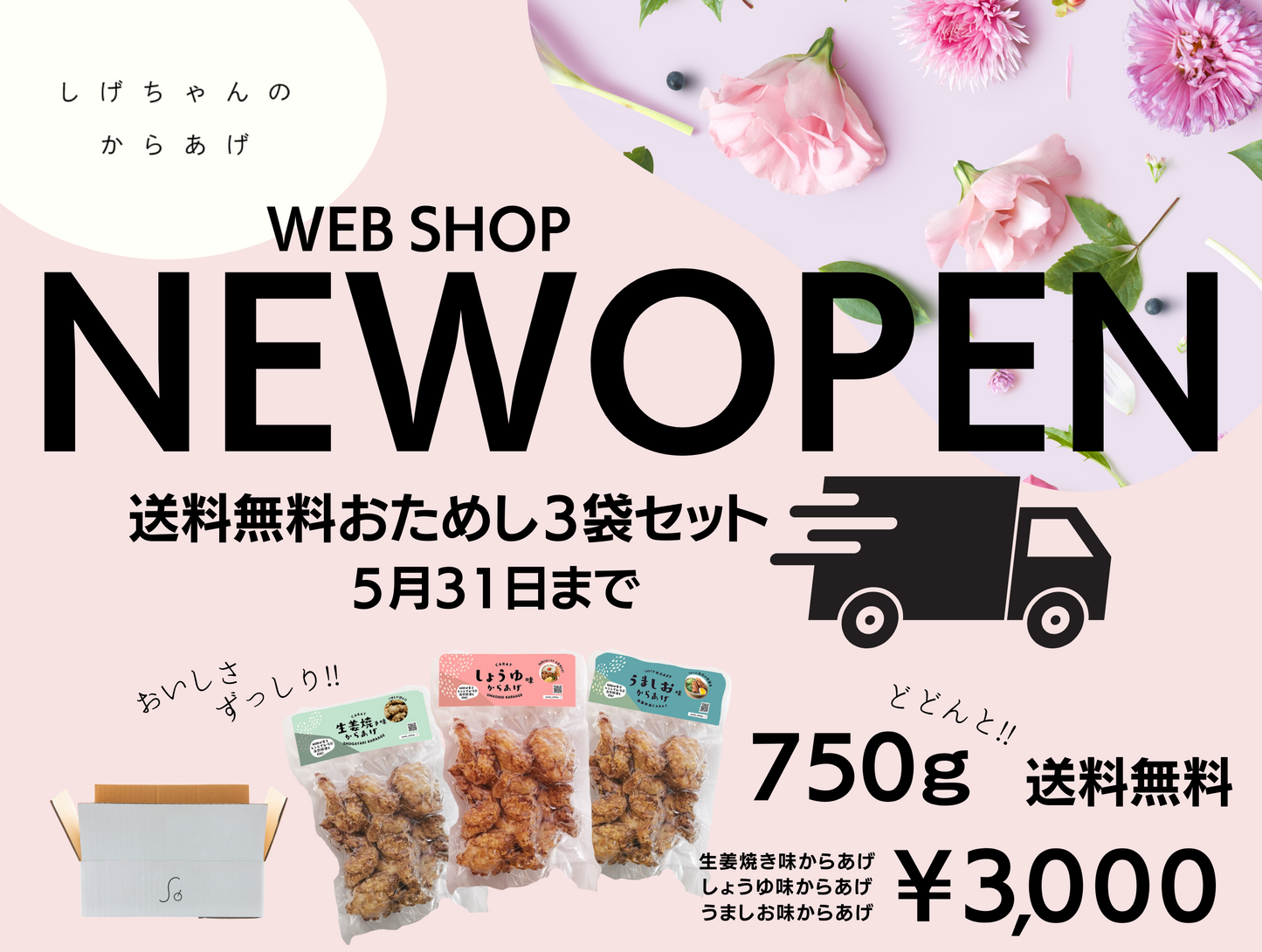 送料無料おためしセット/今だけ3000円送料無料/3袋セット/20%オフクーポン同封/うましお味からあげ/しょうゆ味からあげ/生姜焼き味からあげ